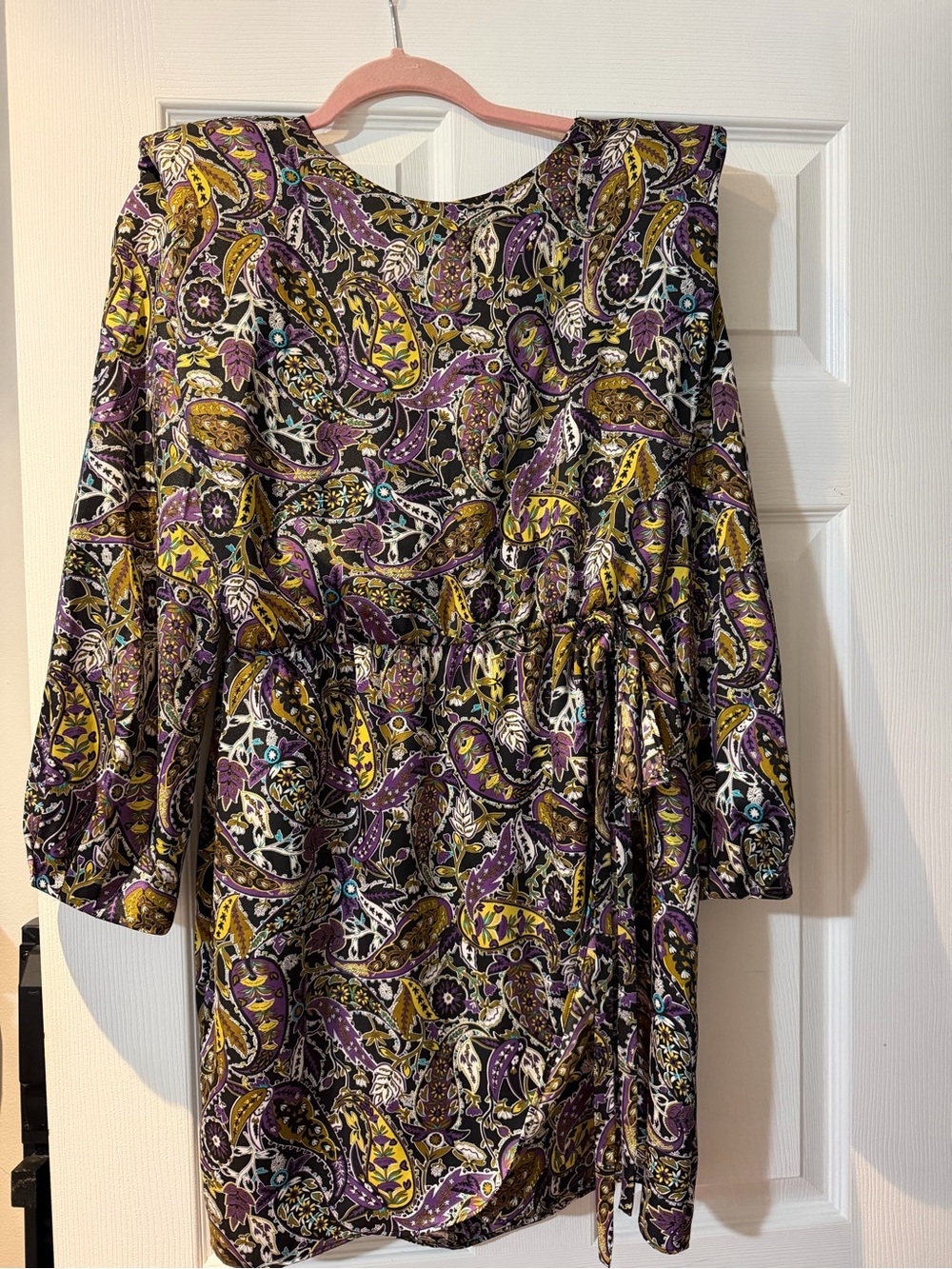 Zara Purple and Yellow Paisley Long Sleeve Waist-Tie Dress